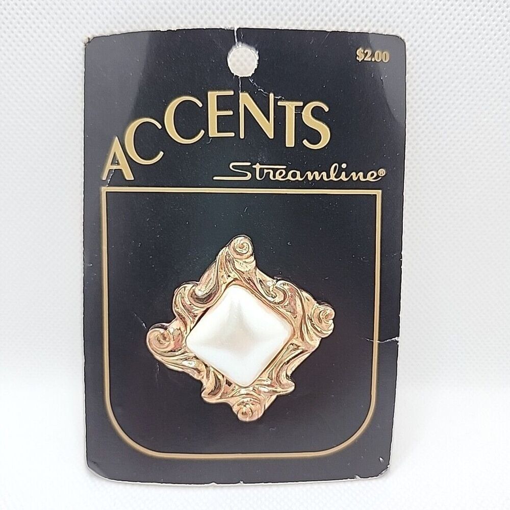 Vintage Streamline Large 1.5" Square Button Aged Copper Tone White Pearl Center
